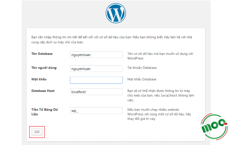 Nhập thông tin cài đặt WordPress trên Localhost