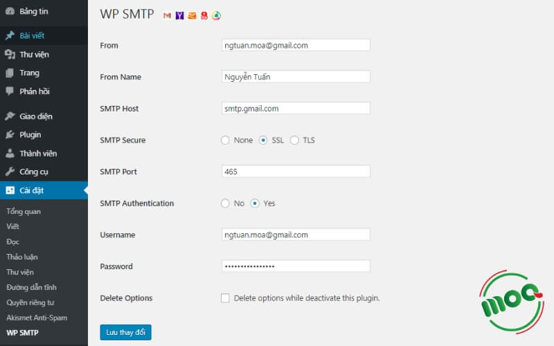 Nhập thông tin cài đặt SMTP Gmail