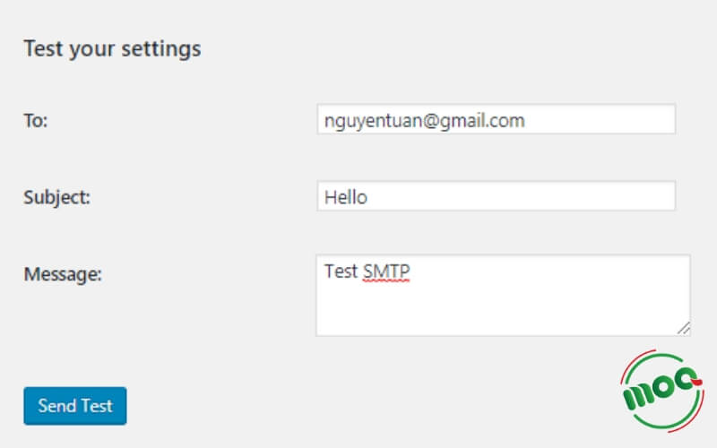 Test cài đặt SMTP Gmail